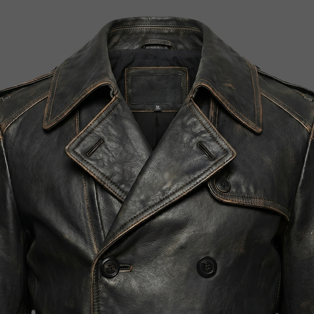 Distressed-Black-Cowhide-Leather-Trench-Coat-04