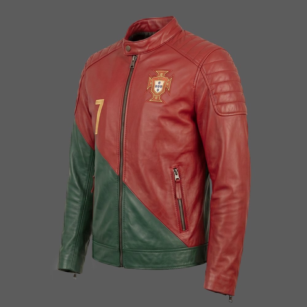 Mens-CR7-Portugal-Leather-Moto-Jacket-Red-&-Green-Cafe-Racer-Football-Fan-Jacket-03