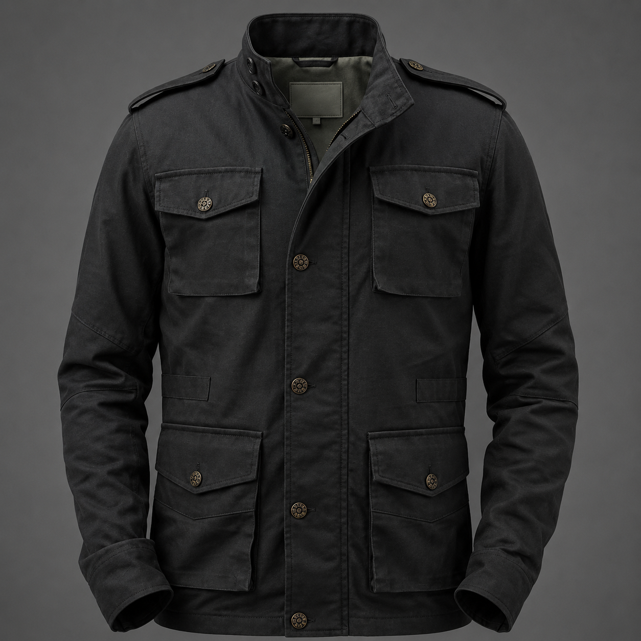 Men's Black Military Field Jacket with Stand Collar Men's Black Military Field Jacket