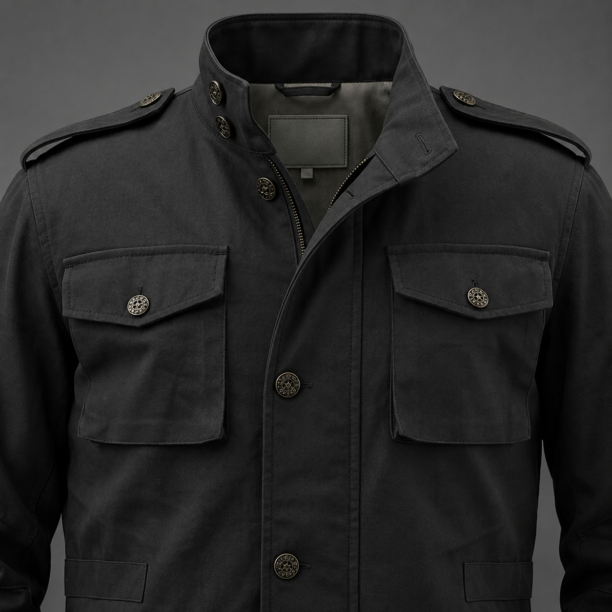 Men's Black Military Field Jacket with Stand Collar Men's Black Military Field Jacket
