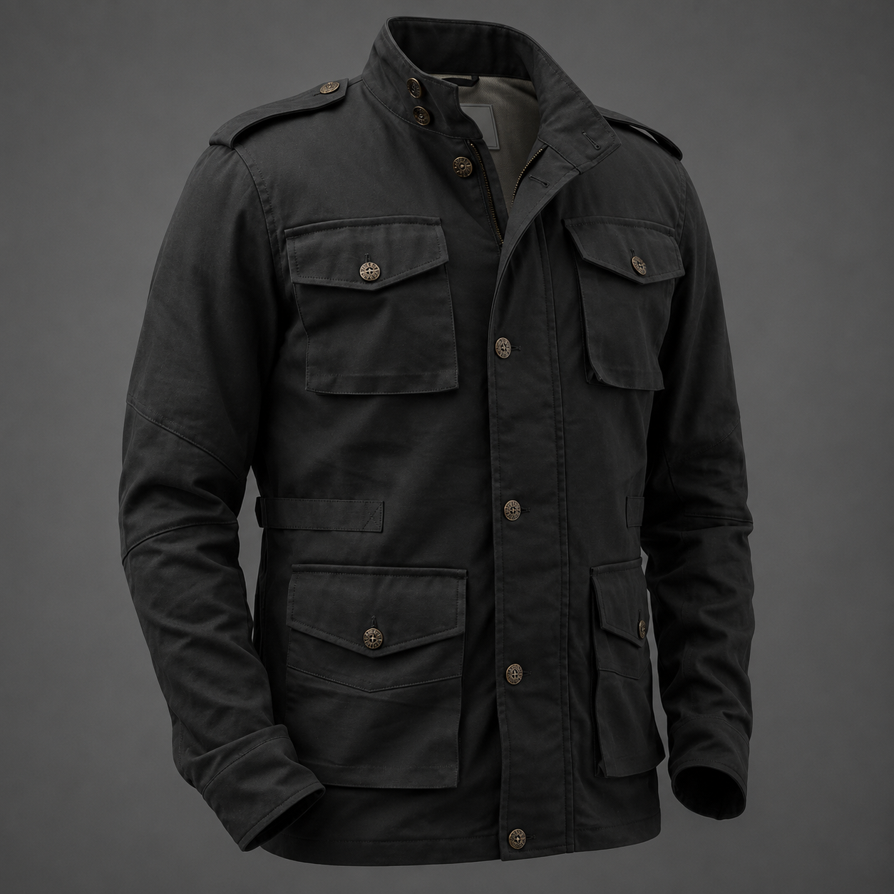 Men's Black Military Field Jacket with Stand Collar Men's Black Military Field Jacket