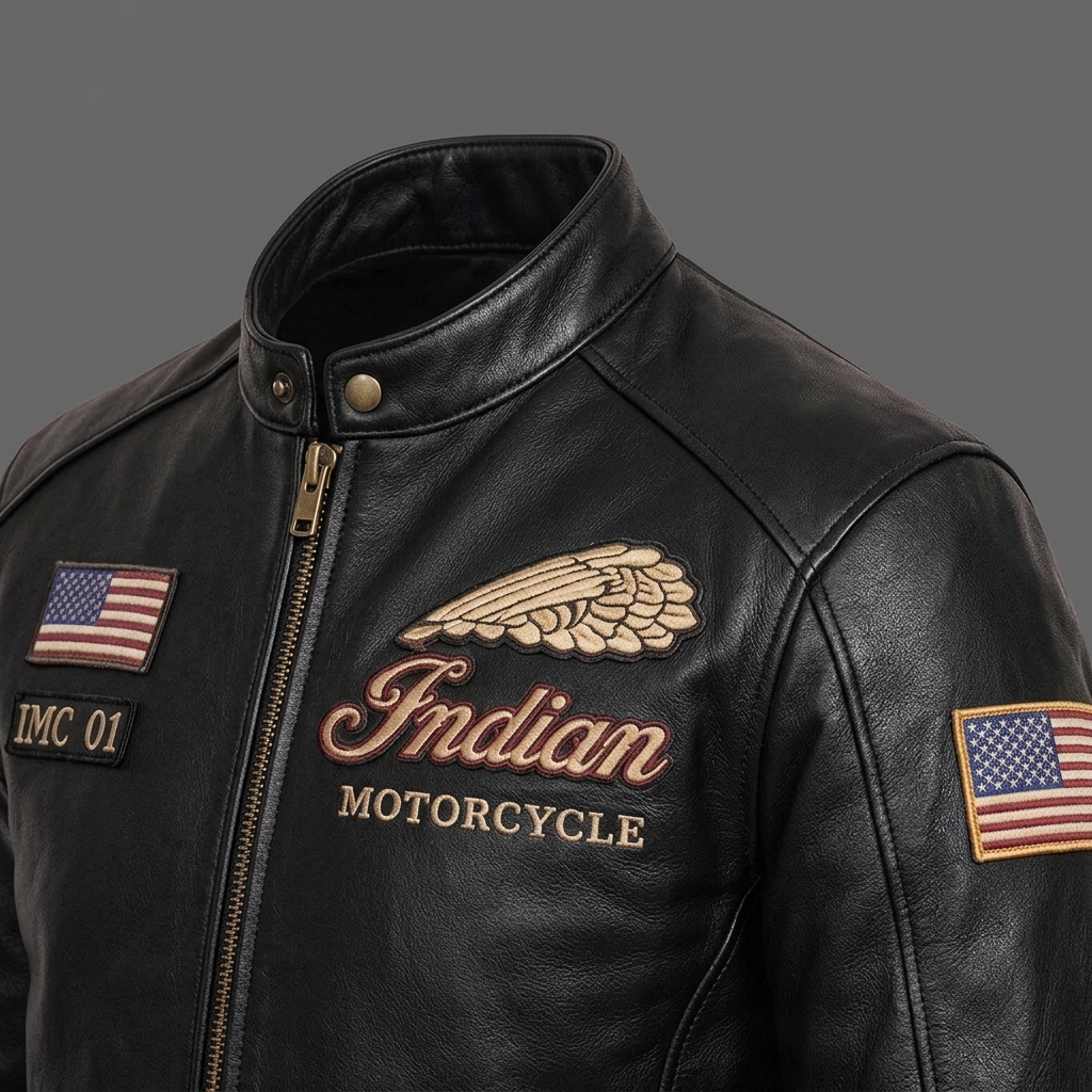 Men’s Black Indian Bomber Motorcycle Leather Jacket Genuine Cowhide Biker Coat (1) Men's Black Indian Vintage Embroidered Biker Riding Jacket