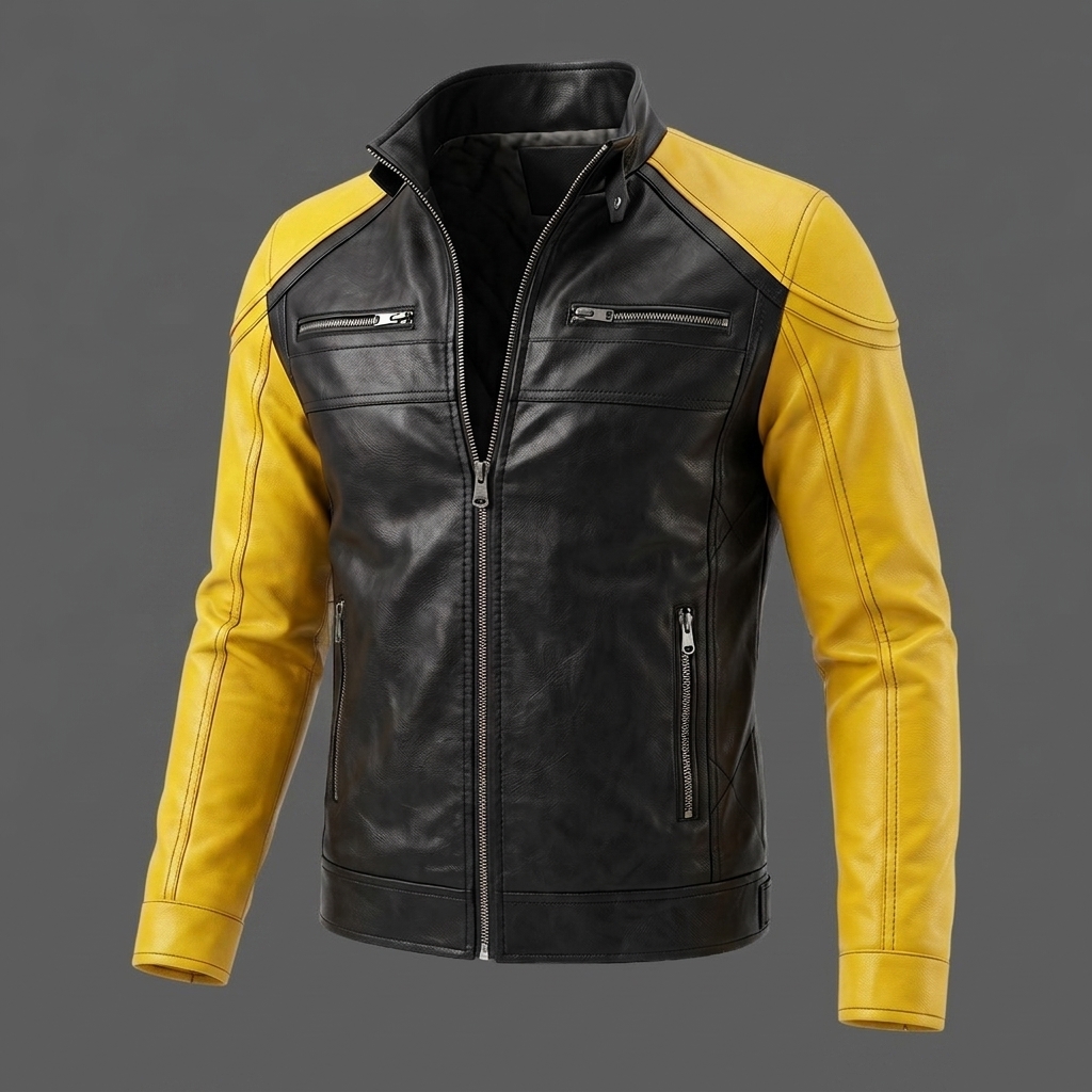 Mens Black and Yellow Cafe Racer Leather Biker Jacket Motorcycle Riding Jacket (1) Men's Black & Yellow Cafe Racer Leather Biker Jacket