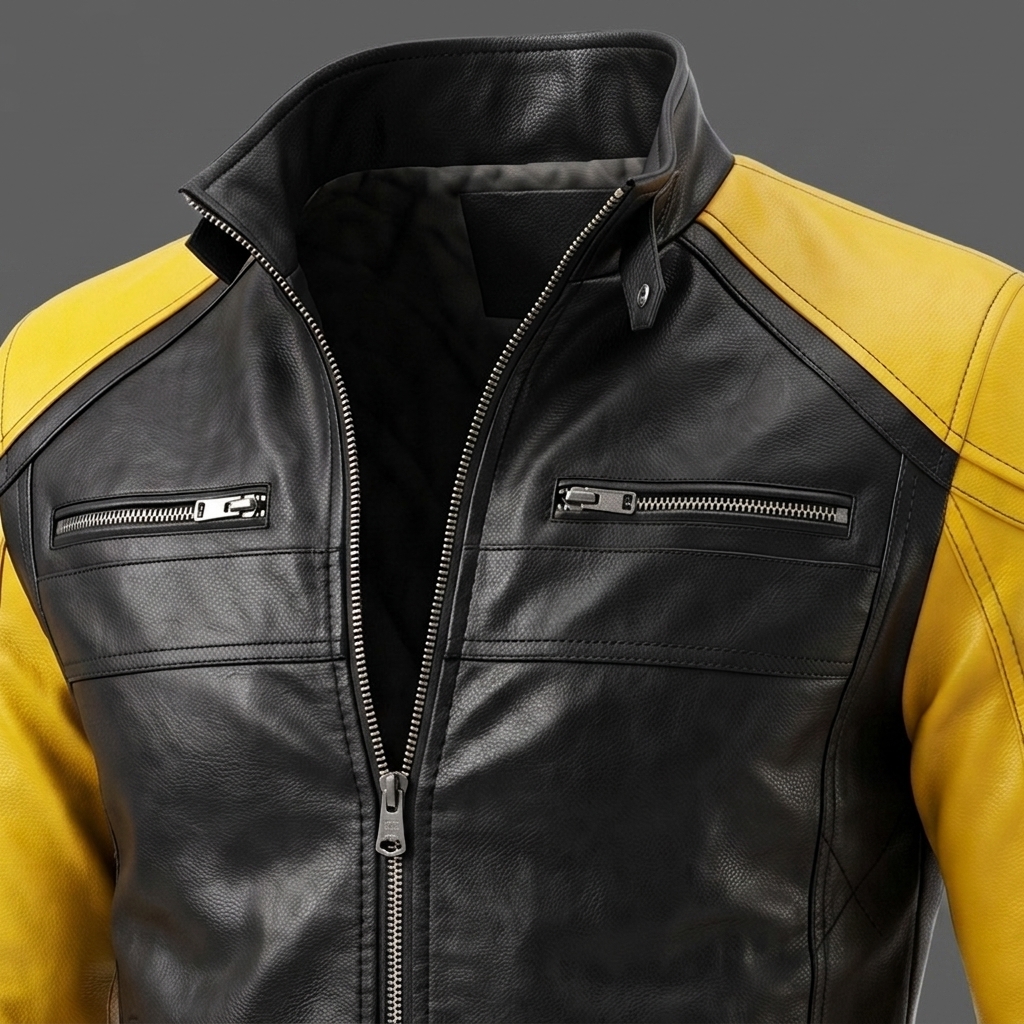 Mens Black and Yellow Cafe Racer Leather Biker Jacket Motorcycle Riding Jacket (2) Men's Black & Yellow Cafe Racer Leather Biker Jacket