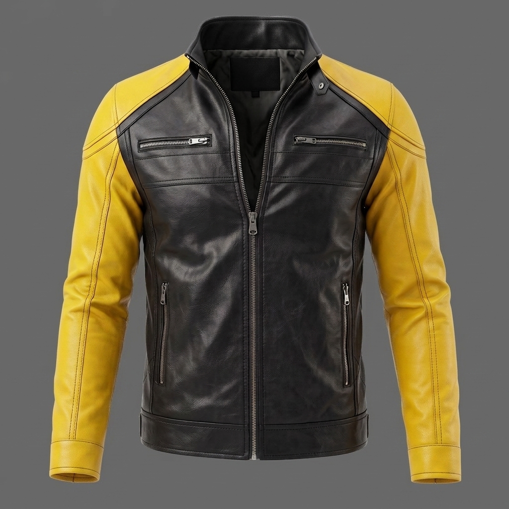Mens Black and Yellow Cafe Racer Leather Biker Jacket Motorcycle Riding Jacket (3) Men's Black & Yellow Cafe Racer Leather Biker Jacket