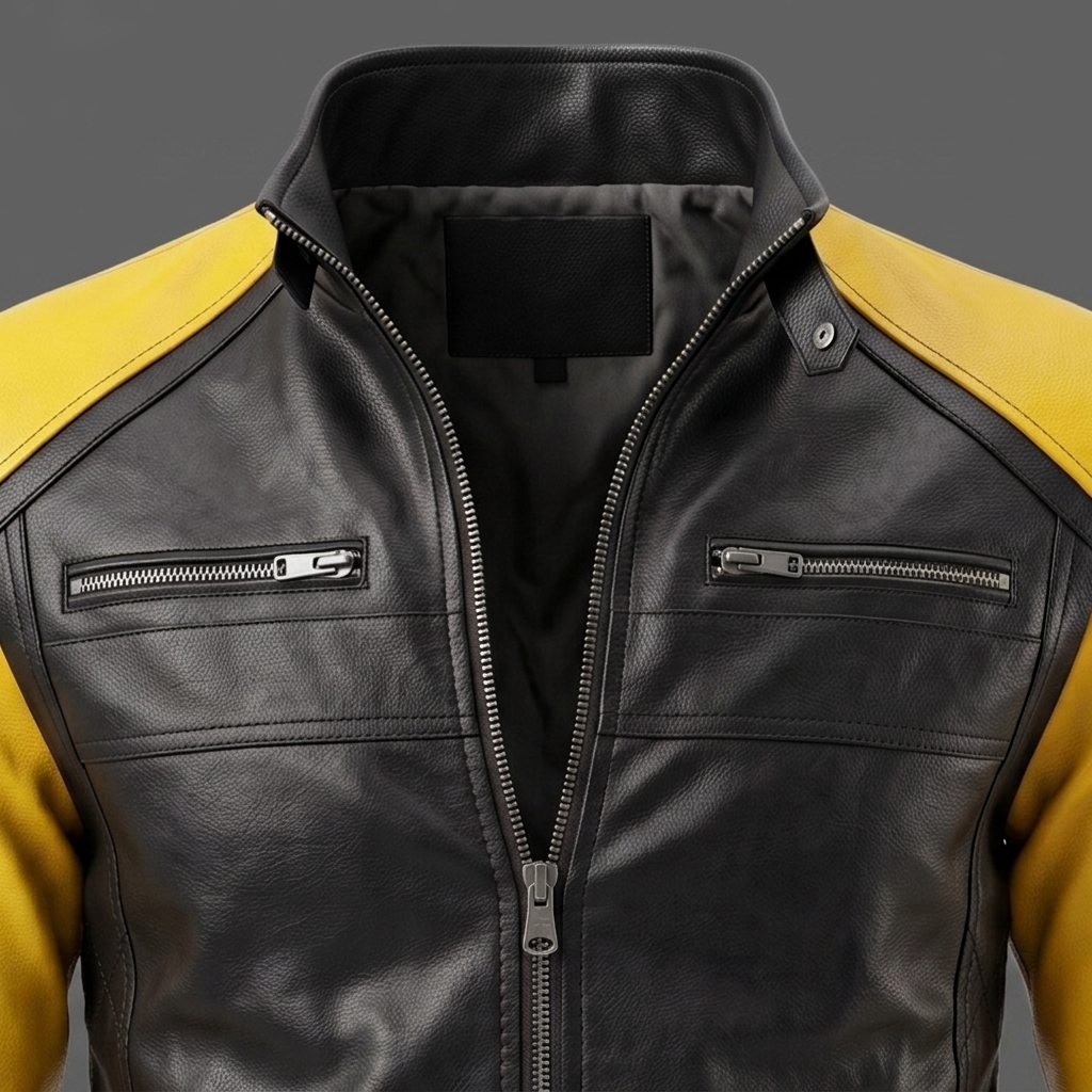 Mens Black and Yellow Cafe Racer Leather Biker Jacket Motorcycle Riding Jacket (4) Men's Black & Yellow Cafe Racer Leather Biker Jacket