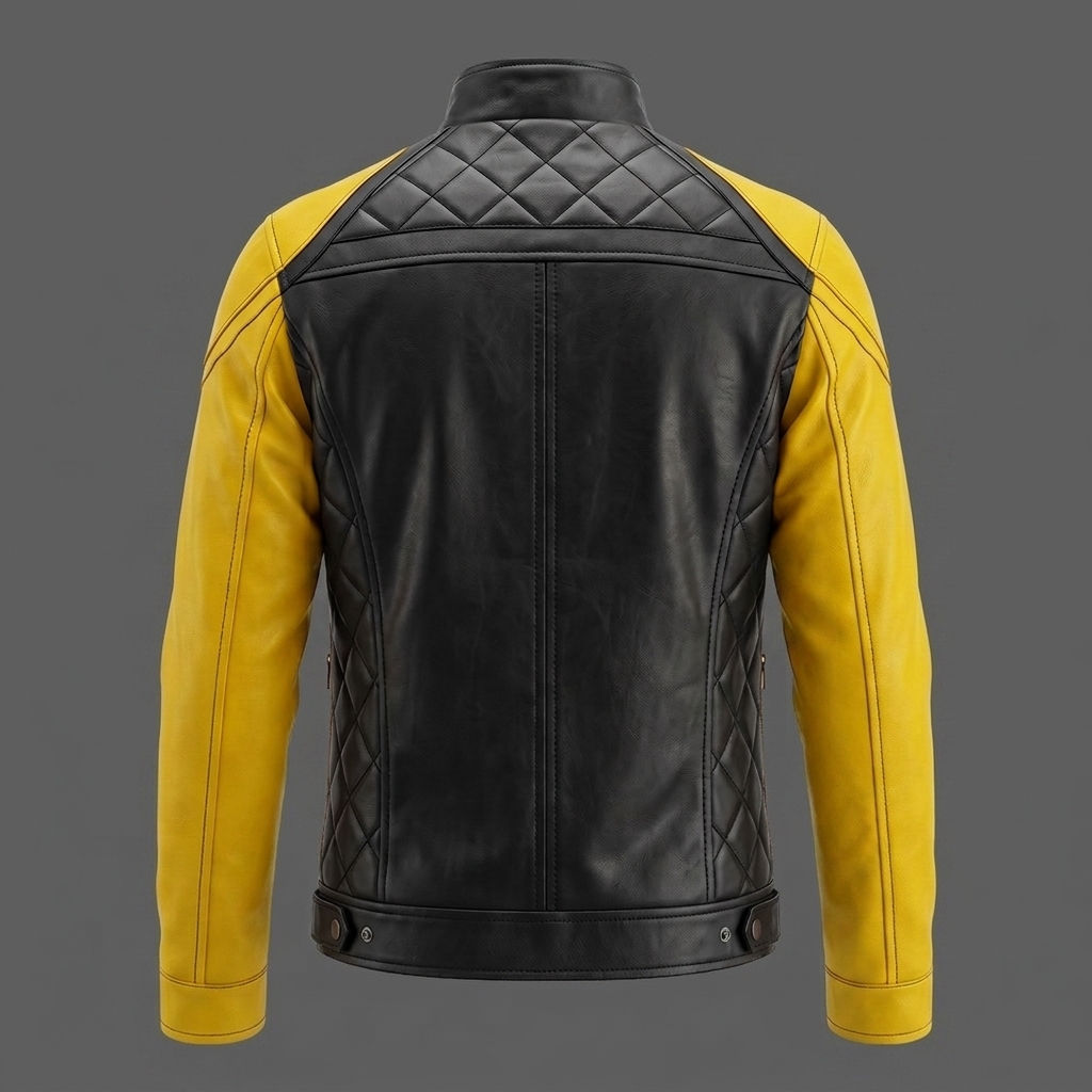 Mens Black and Yellow Cafe Racer Leather Biker Jacket Motorcycle Riding Jacket (5) Men's Black & Yellow Cafe Racer Leather Biker Jacket