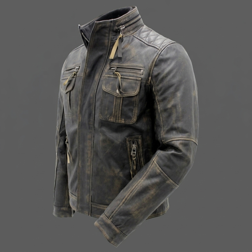 Mens Vintage Black Warm Real Leather Biker Jacket Retro Distressed Motorcycle (2) Men's Vintage Black Warm Real Leather Biker Jacket
