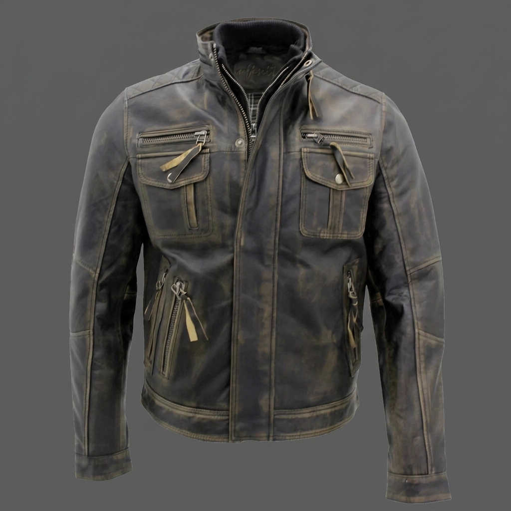 Mens Vintage Black Warm Real Leather Biker Jacket Retro Distressed Motorcycle (3) Men's Vintage Black Warm Real Leather Biker Jacket