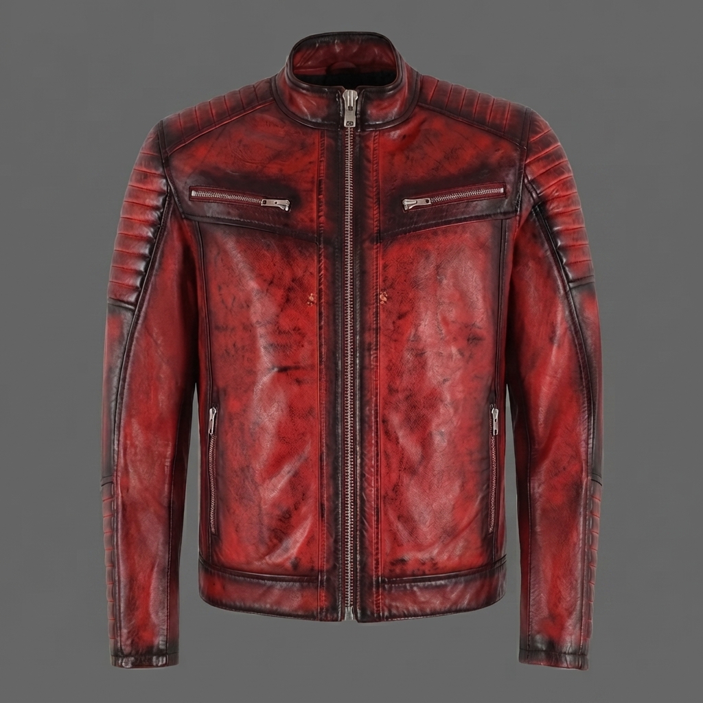 Men's Red Distressed Biker Leather Jacket
