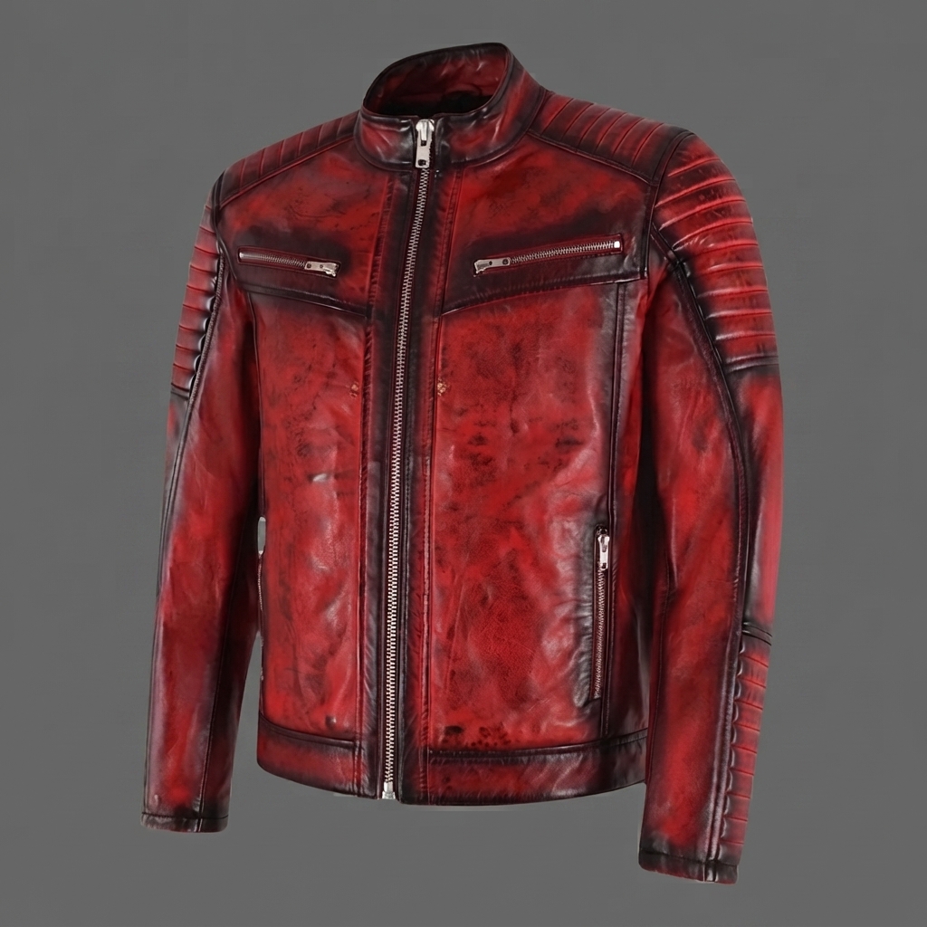 Men's Red Distressed Biker Leather Jacket