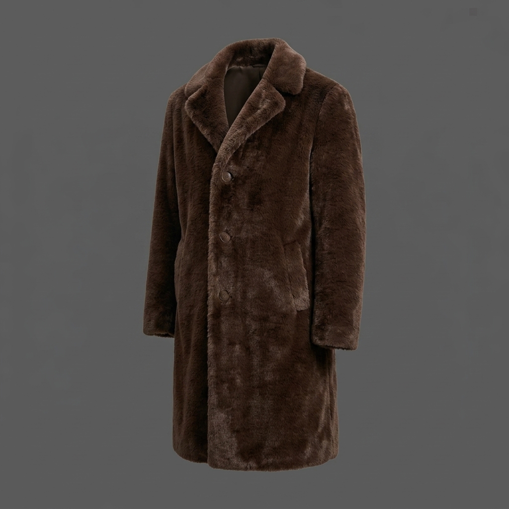 Brown_faux_fur_coat_displayed_202608100103 Dark Brown Faux Fur Overcoat