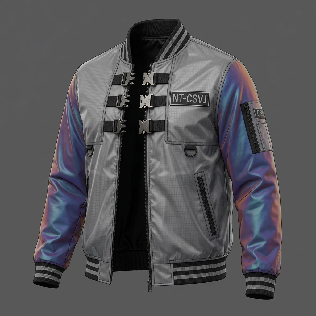 Cyberpunk Iridescent Varsity Jacket Semi-Translucent Ripstop Bomber Coat ( Cyberpunk Iridescent Varsity Jacket