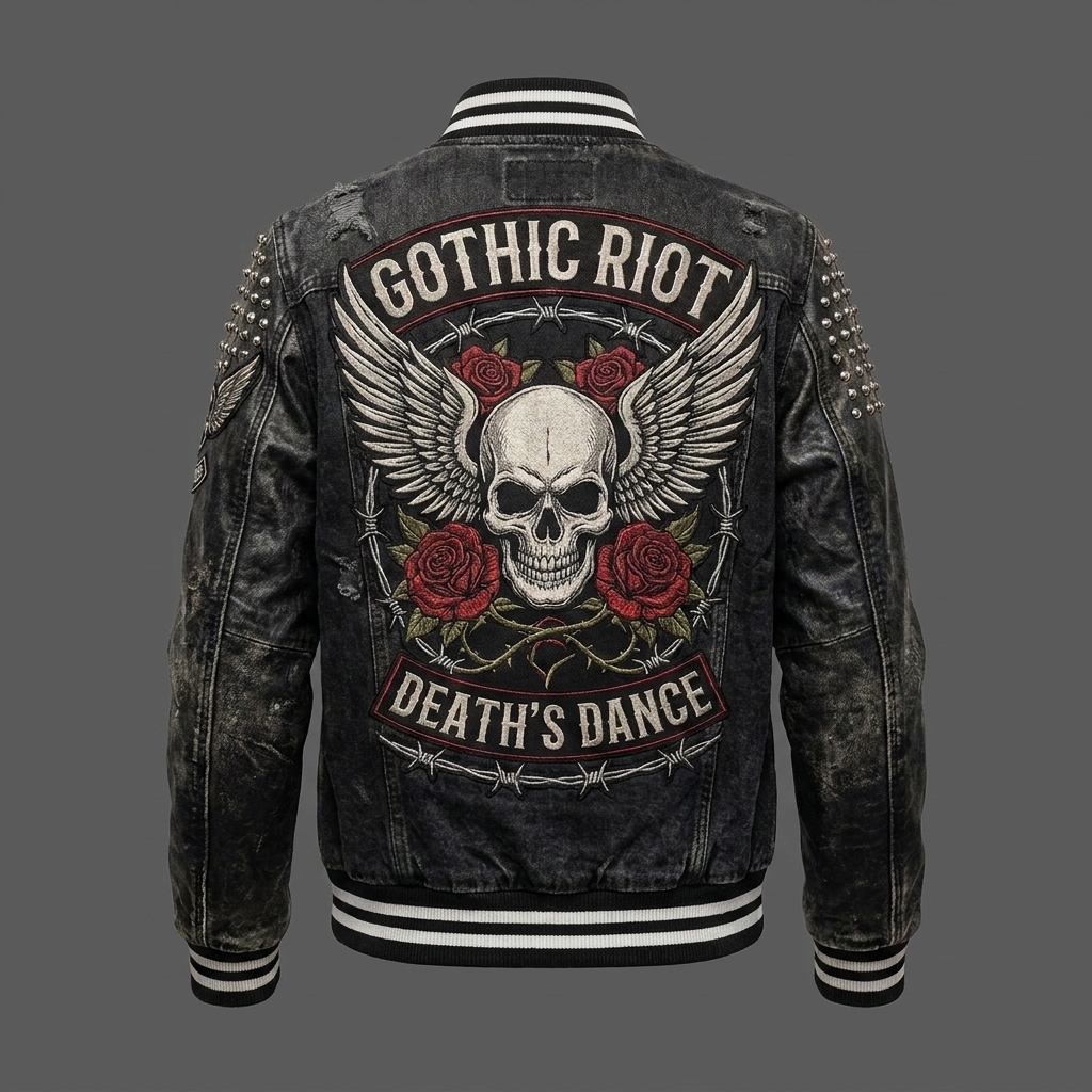 Gothic Punk Skull & Roses Varsity Jacket Distressed Black Studded Bomb ( Gothic Punk Skull & Roses Varsity Jacket