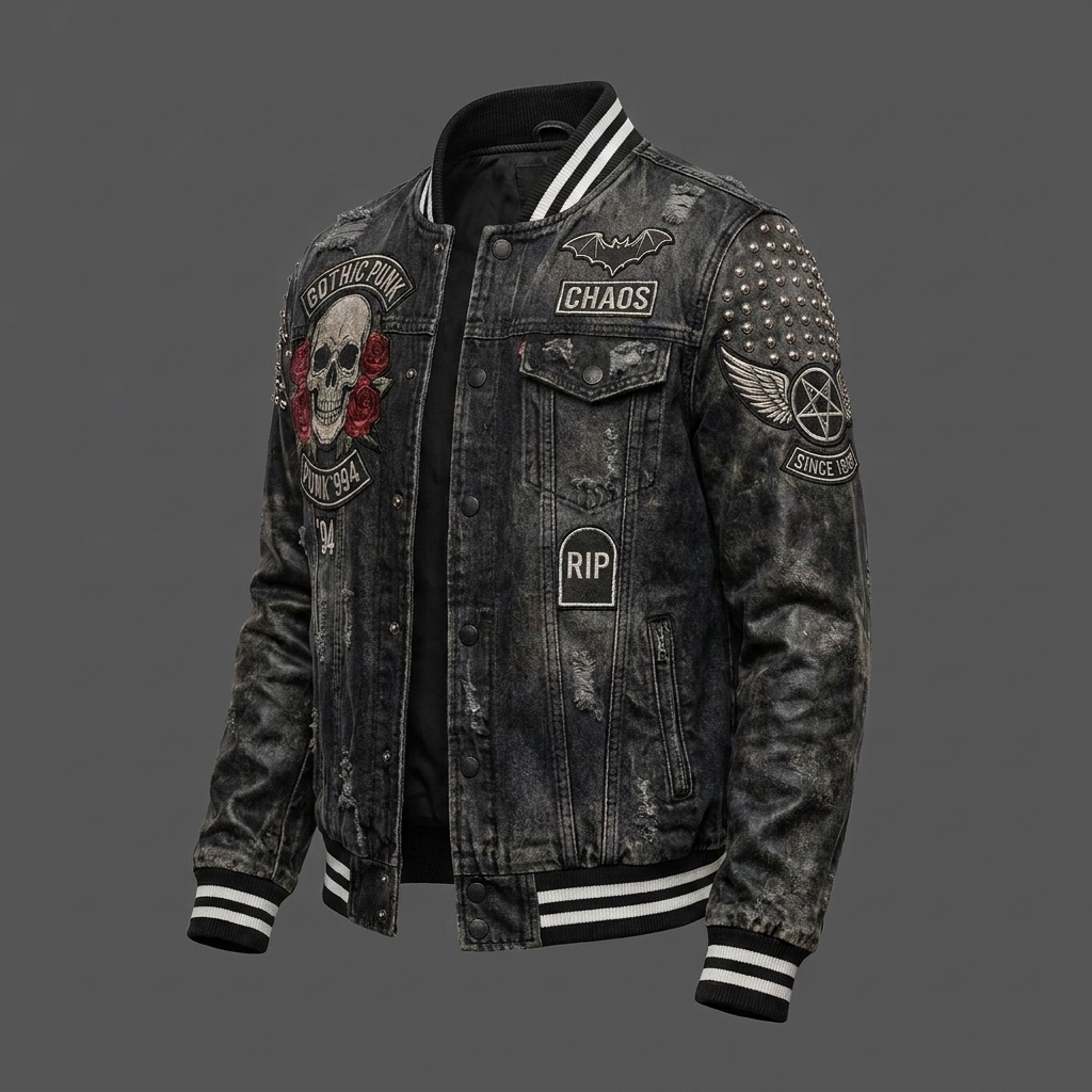 Gothic Punk Skull & Roses Varsity Jacket Distressed Black Studded Bomb (1) Gothic Punk Skull & Roses Varsity Jacket