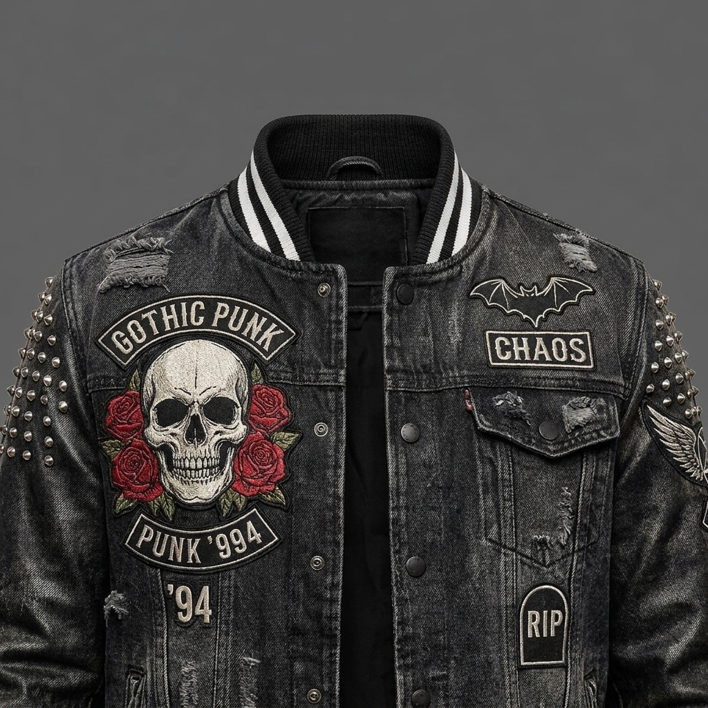 Gothic Punk Skull & Roses Varsity Jacket Distressed Black Studded Bomb ( (3) Gothic Punk Skull & Roses Varsity Jacket