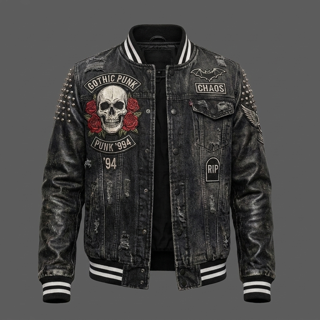 Gothic Punk Skull & Roses Varsity Jacket Distressed Black Studded Bomb ( (4) Gothic Punk Skull & Roses Varsity Jacket