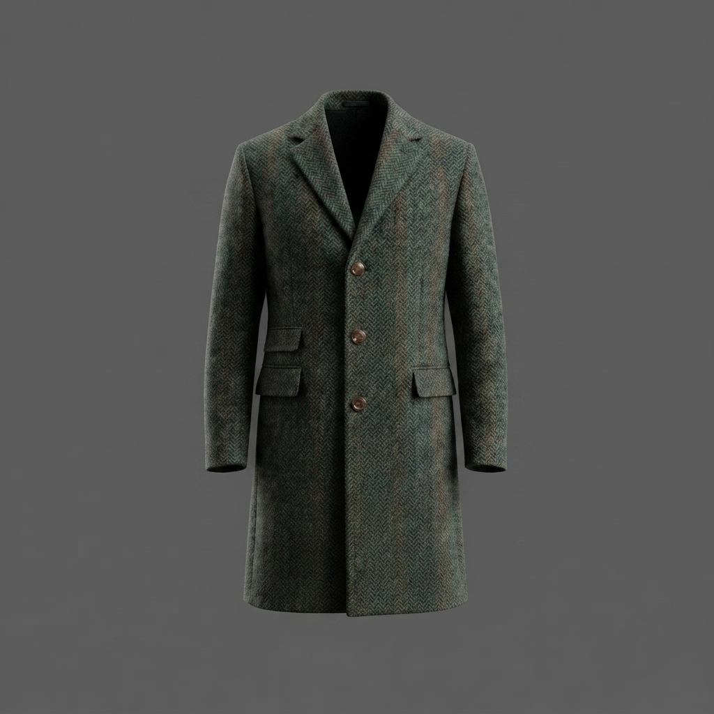 Men’s Green Tweed Overcoat – Vintage Herringbone Coat Men’s Green Tweed Overcoat