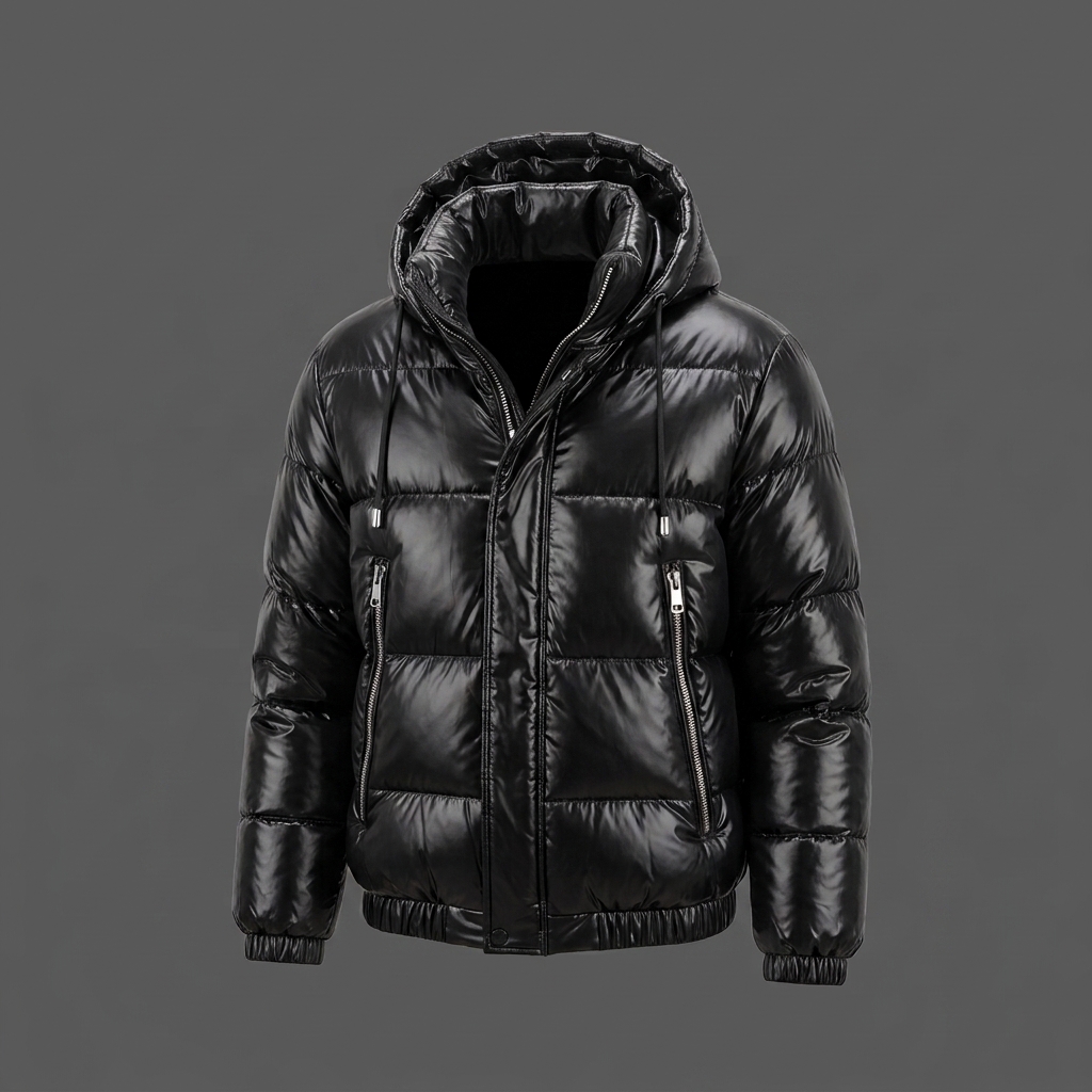 Men's Black Leather Puffer Jacket