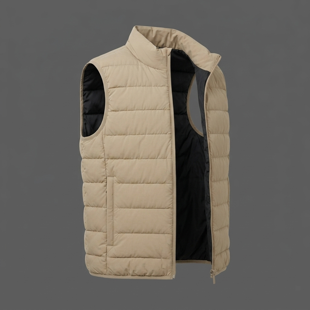 Men Beige Puffer Vest Matte Tan Quilted Bodywarmer Minimalist Stand Collar Zip (1) Men's Beige Puffer Vest