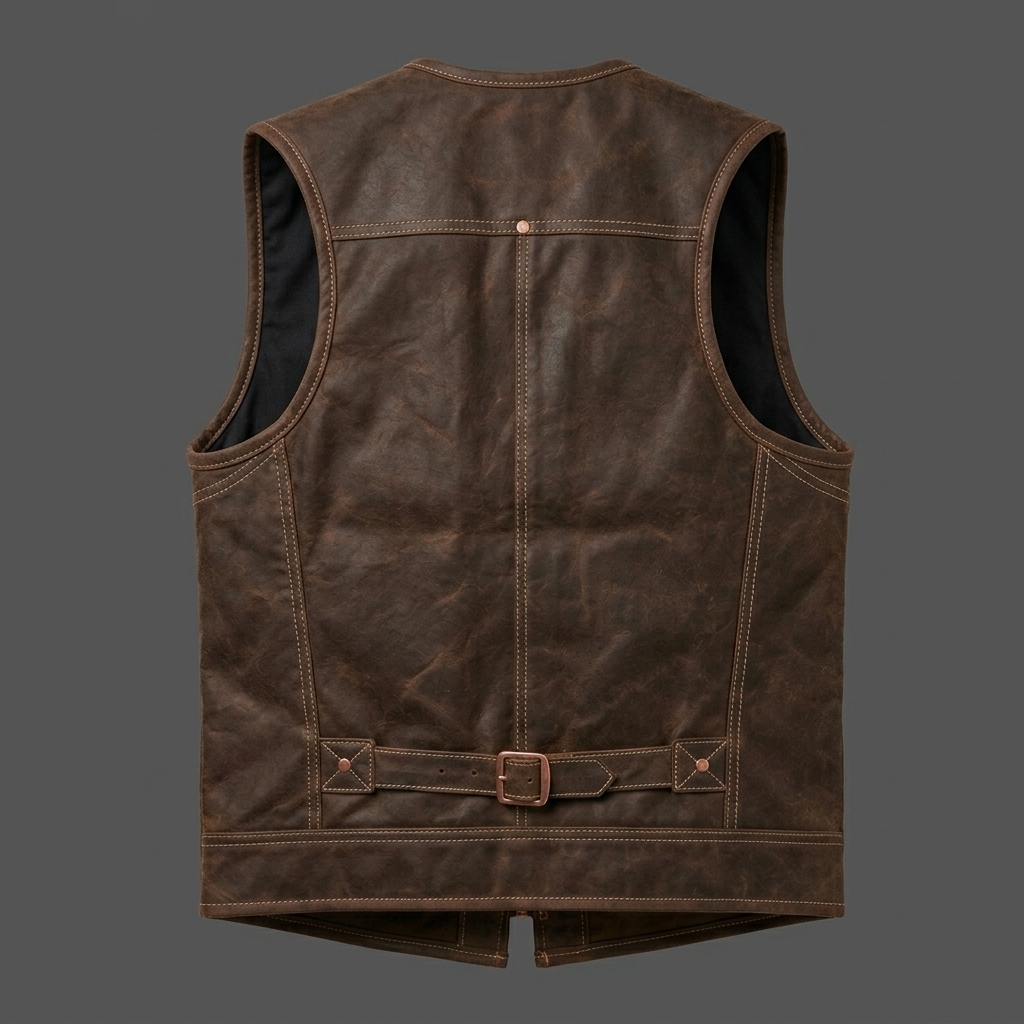 Men Distressed Brown Leather Utility Vest Multi Pocket Cargo Fishing V ( Men Distressed Brown Leather Utility Vest