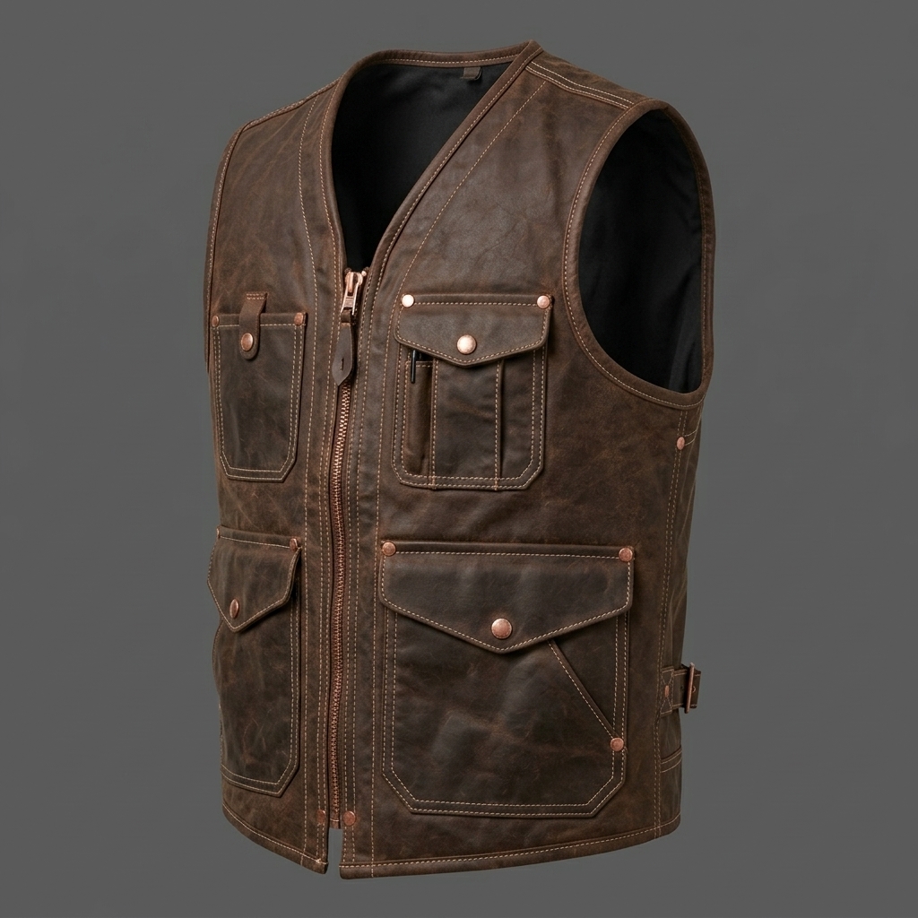 Men Distressed Brown Leather Utility Vest Multi Pocket Cargo Fishing V (1) Men Distressed Brown Leather Utility Vest