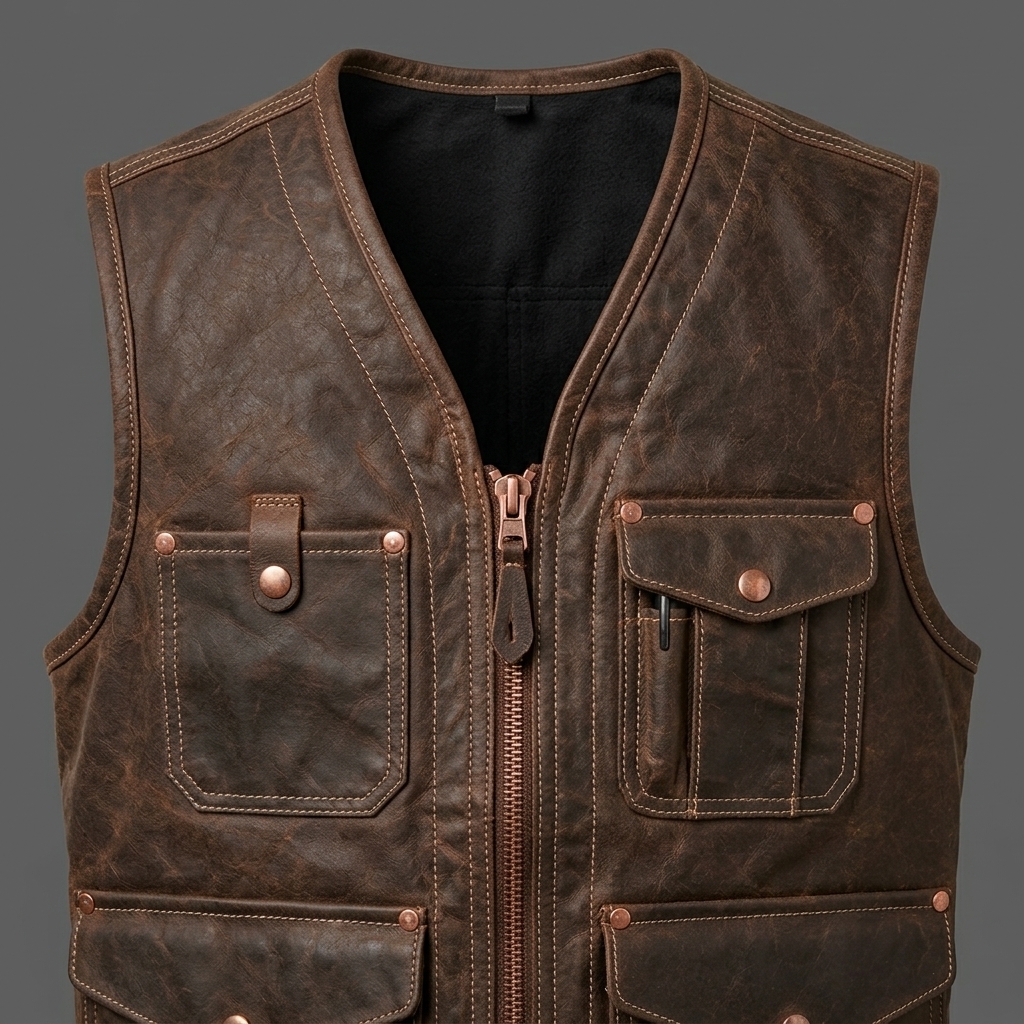Men Distressed Brown Leather Utility Vest Multi Pocket Cargo Fishing V ( (4) Men Distressed Brown Leather Utility Vest