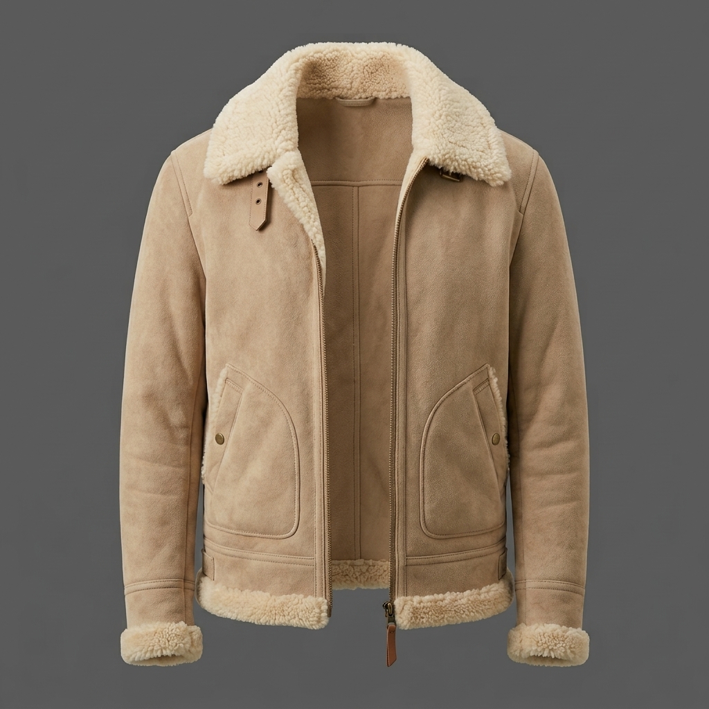 Men’s Beige Shearling Suede Aviator Jacket Men’s Beige Shearling Suede Aviator Jacket