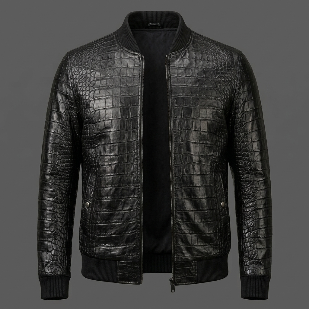 Men’s Black Crocodile Embossed Leather Bomber Jacket Men’s Black Crocodile Embossed Leather Bomber Jacket