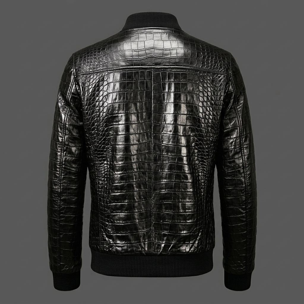 Men’s Black Crocodile Embossed Leather Bomber Jacket Men’s Black Crocodile Embossed Leather Bomber Jacket