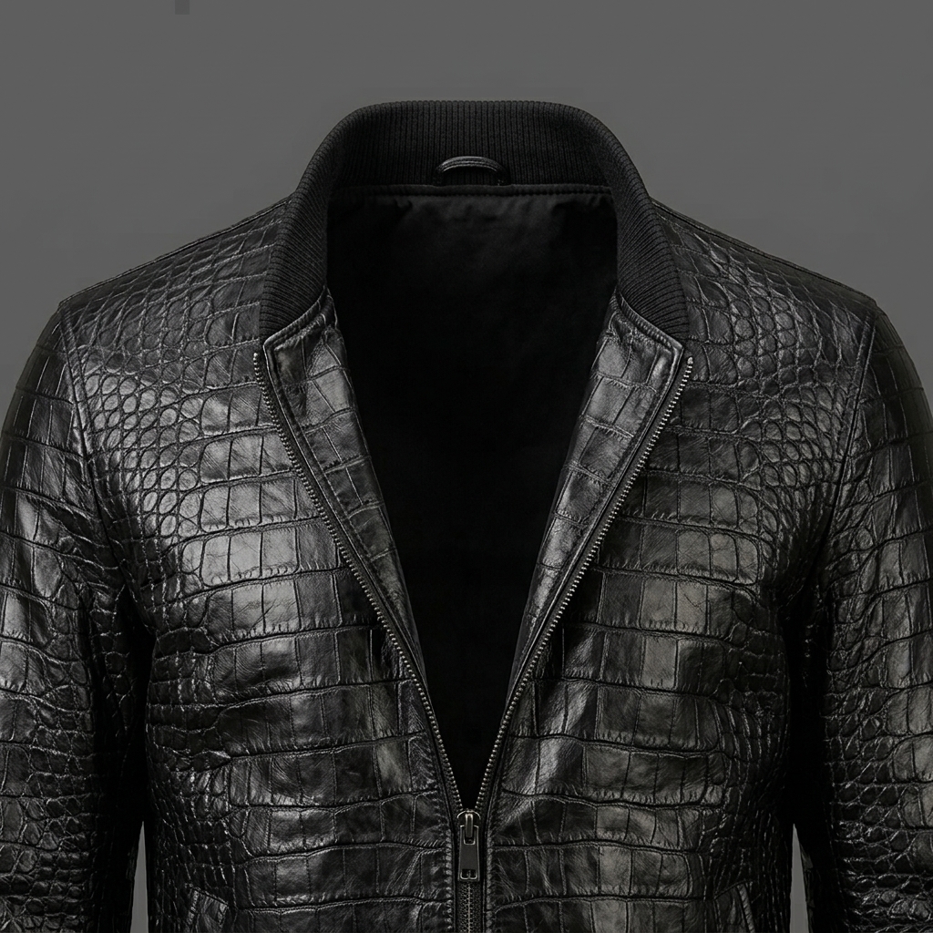 Men’s Black Crocodile Embossed Leather Bomber Jacket Men’s Black Crocodile Embossed Leather Bomber Jacket