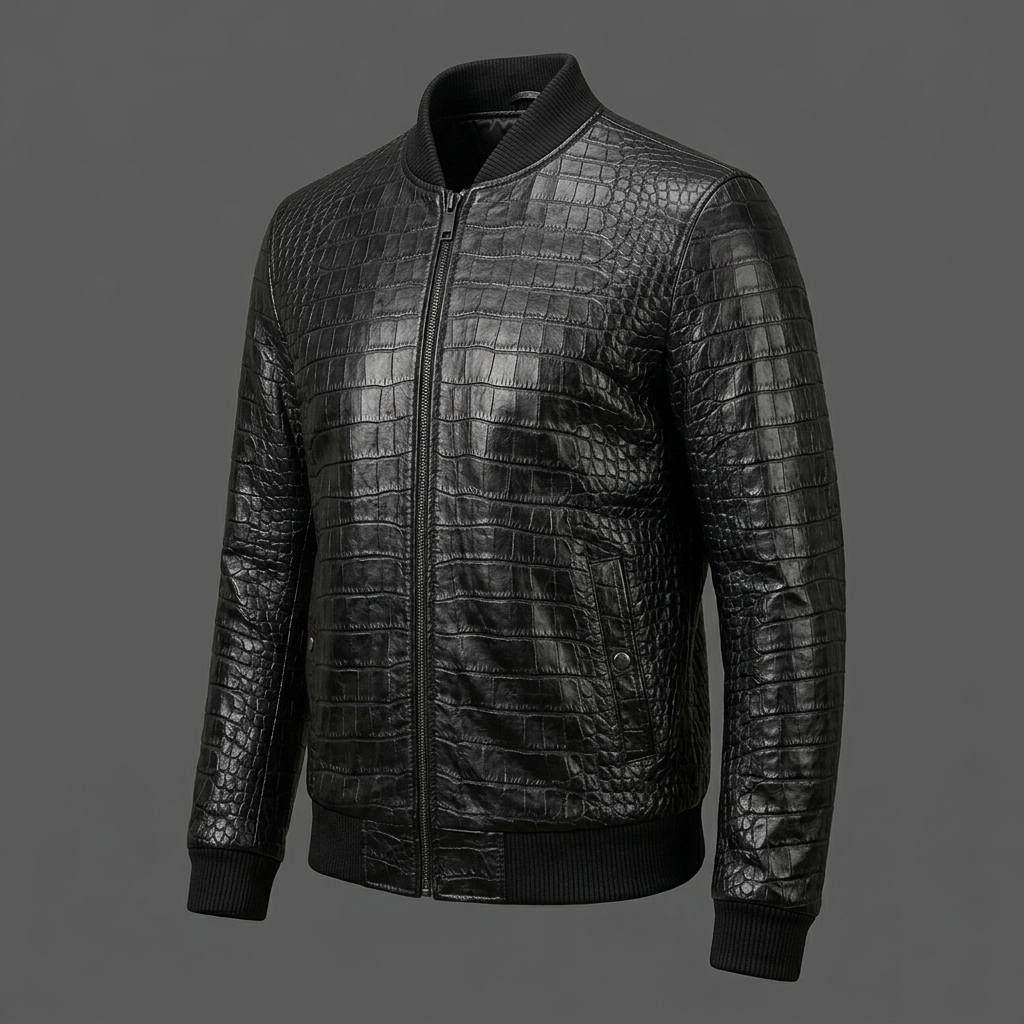 Men’s Black Crocodile Embossed Leather Bomber Jacket Men’s Black Crocodile Embossed Leather Bomber Jacket