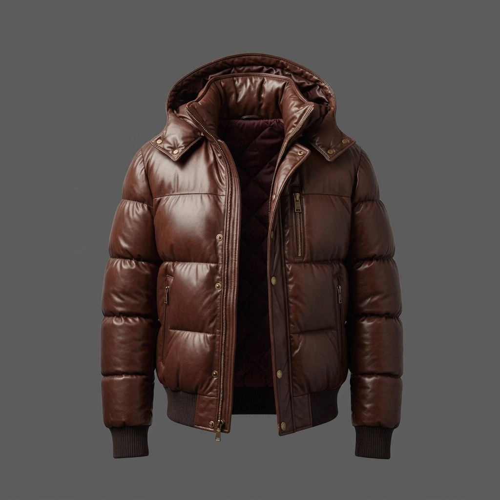 Men's Chocolate Brown Genuine Leather Hooded Puffer Jacket