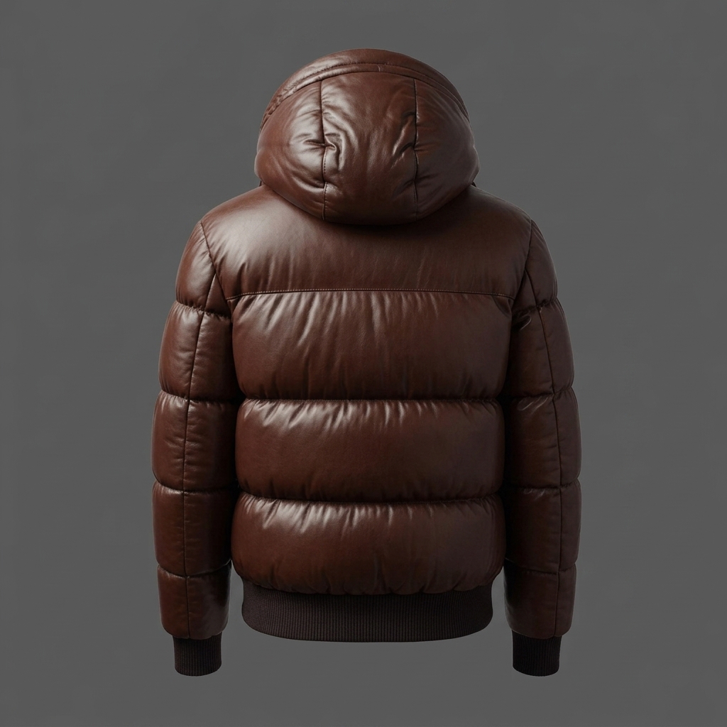 Men's Chocolate Brown Genuine Leather Hooded Puffer Jacket