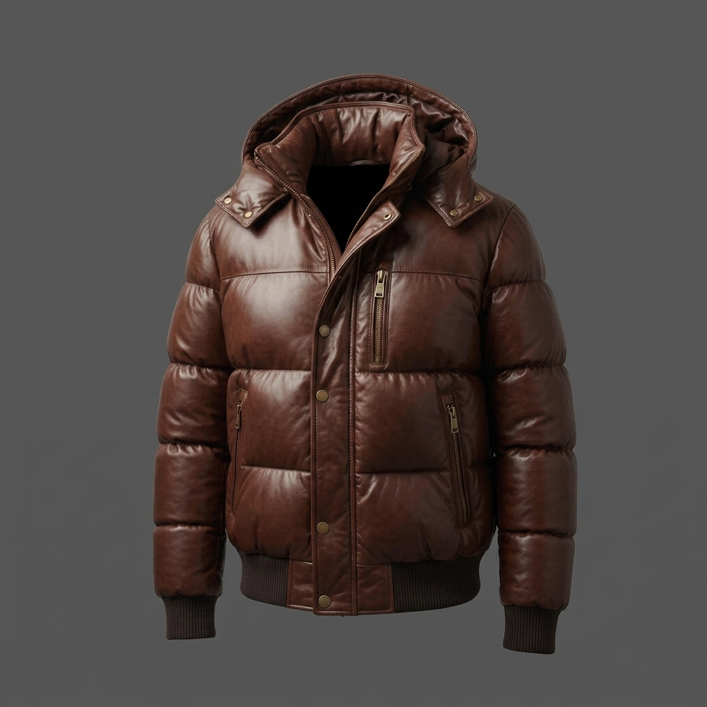 Men's Chocolate Brown Genuine Leather Hooded Puffer Jacket