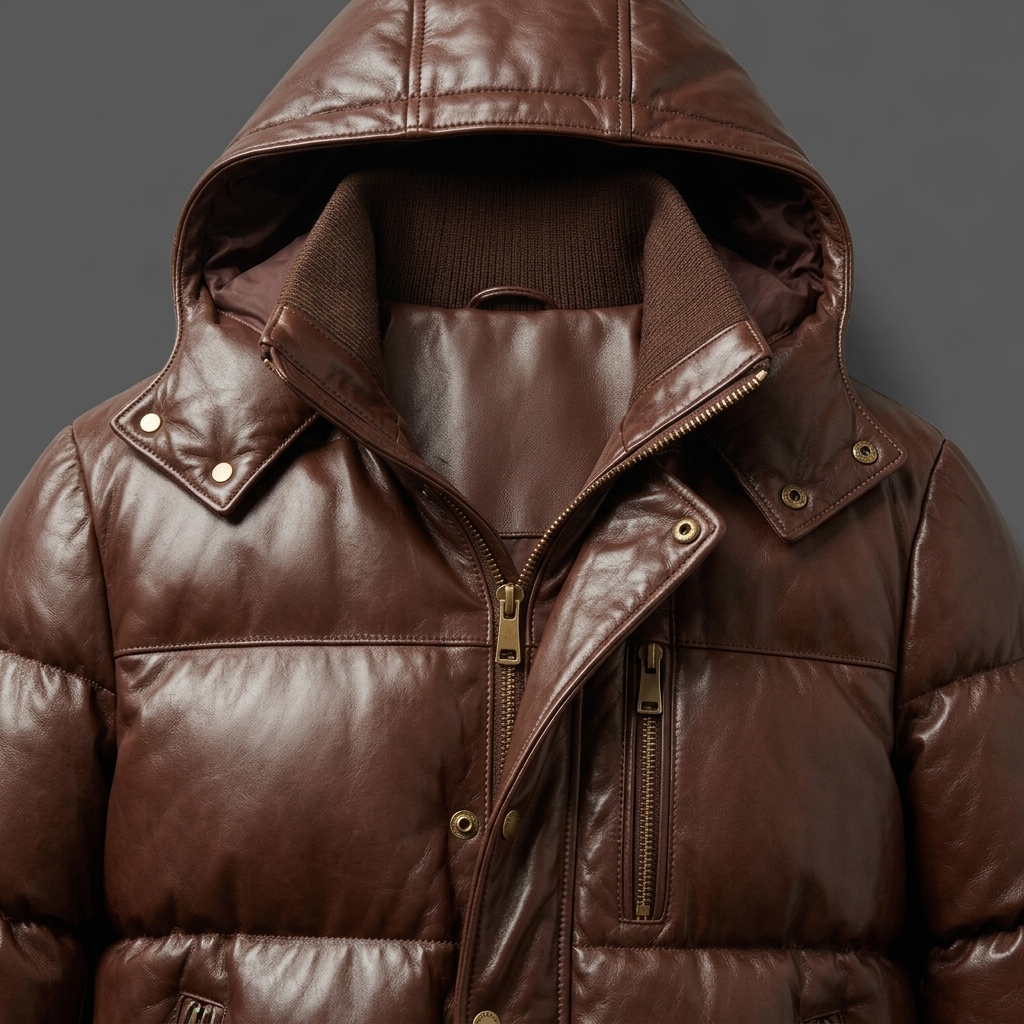 Men's Chocolate Brown Genuine Leather Hooded Puffer Jacket