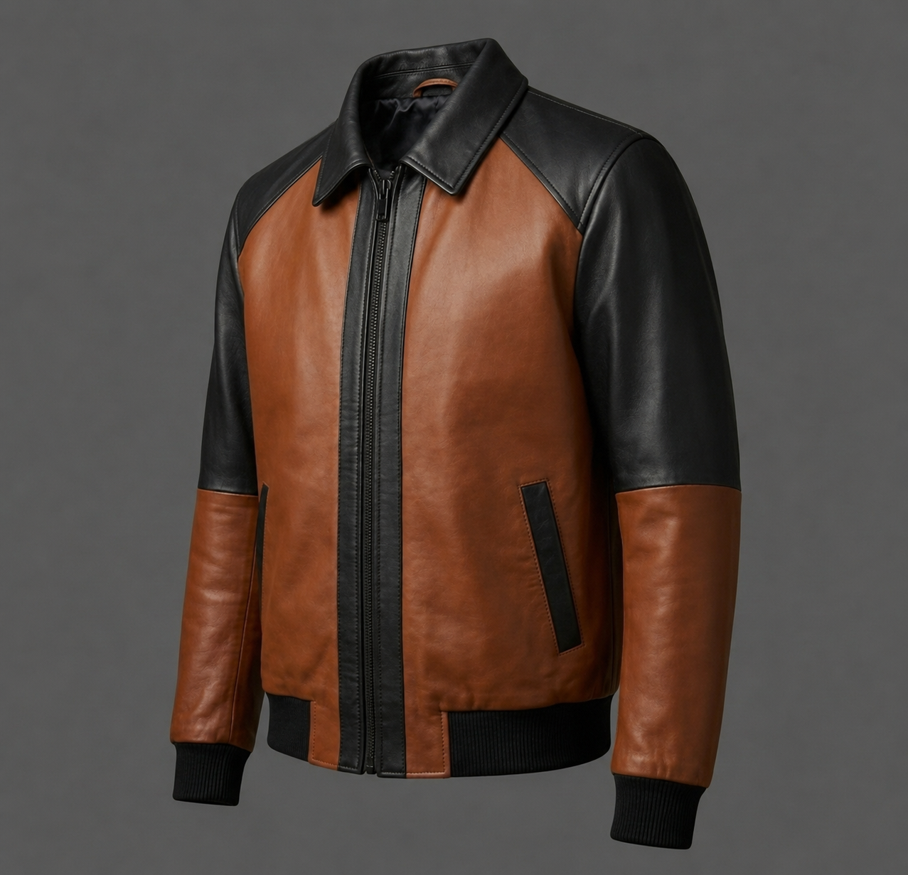 Men’s Cognac Brown & Black Two-Tone Leather Bomber Jacket Men’s Cognac Brown & Black Leather Bomber Jacket