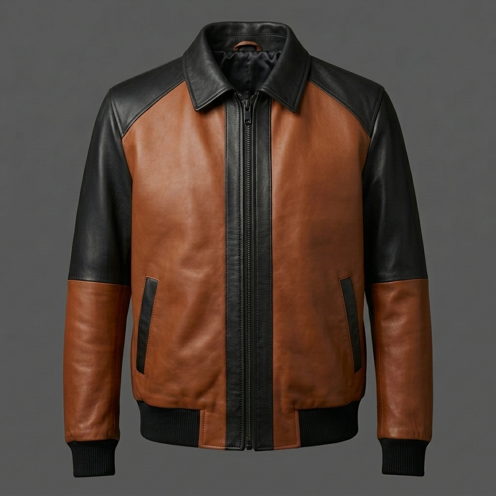 Men’s Cognac Brown & Black Two-Tone Leather Bomber Jacket Men’s Cognac Brown & Black Leather Bomber Jacket