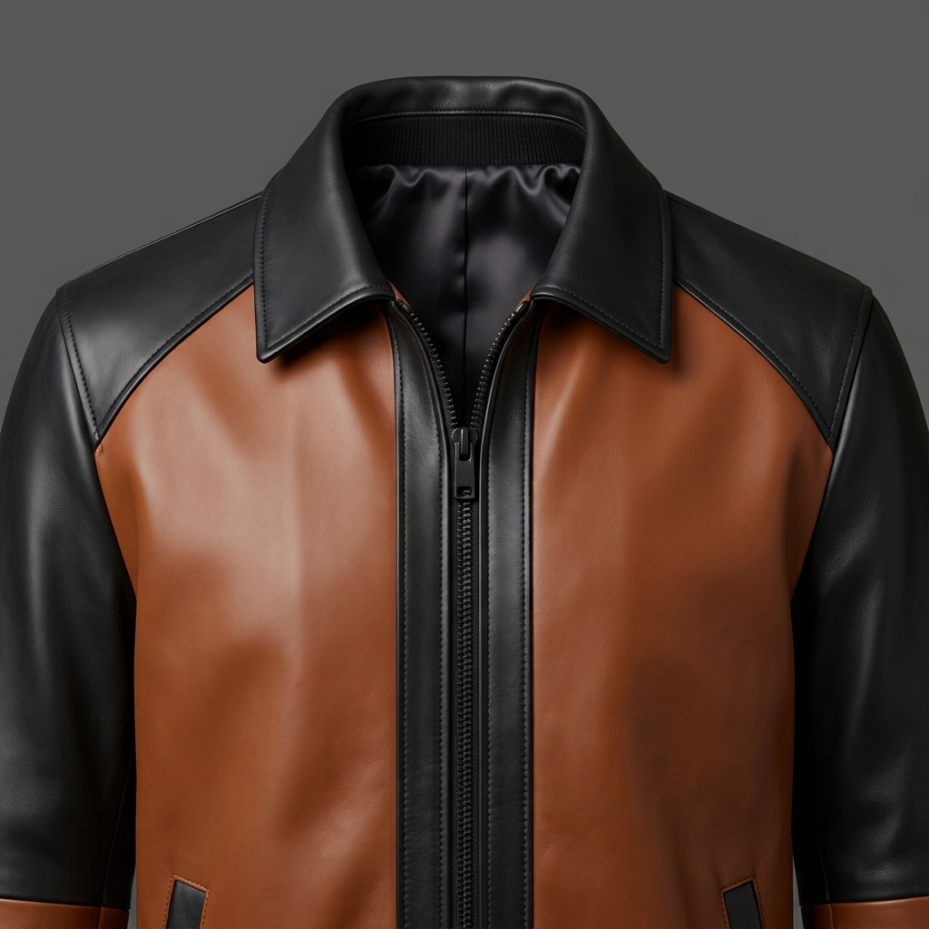 Men’s Cognac Brown & Black Two-Tone Leather Bomber Jacket Men’s Cognac Brown & Black Leather Bomber Jacket