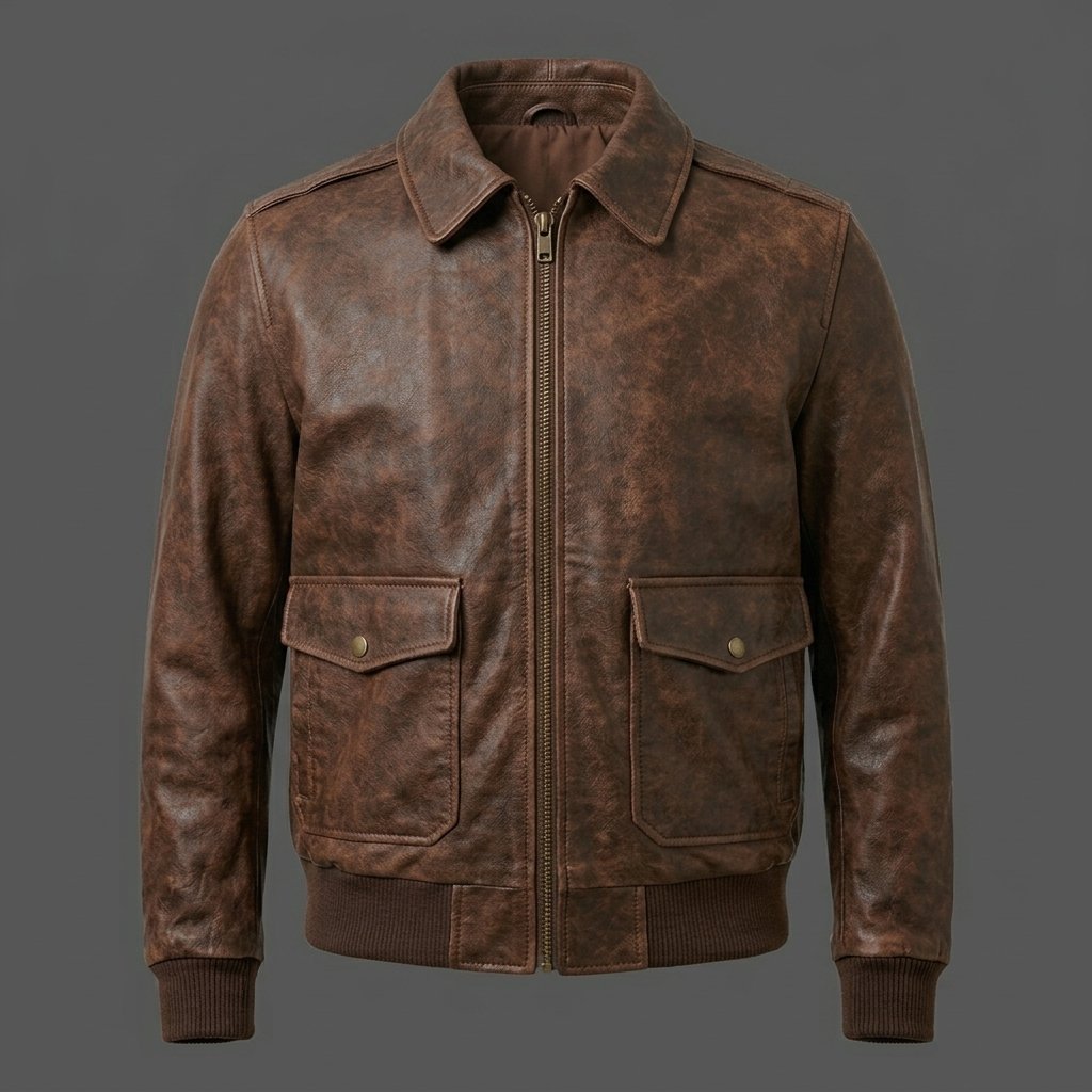 Men’s Distressed Brown Leather Flight Bomber Jacket