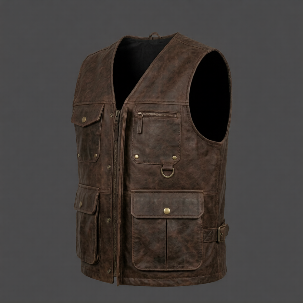 Men's Distressed Brown Leather Utility Vest Men's Distressed Brown Leather Utility Vest