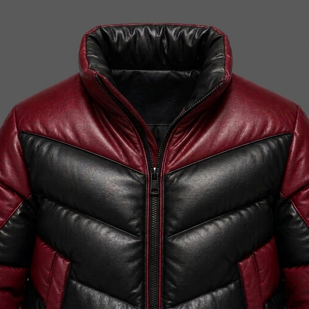 Mens Puffer Leather Jacket Burgundy Black Quilted Winter Bubble Coat High Colla (