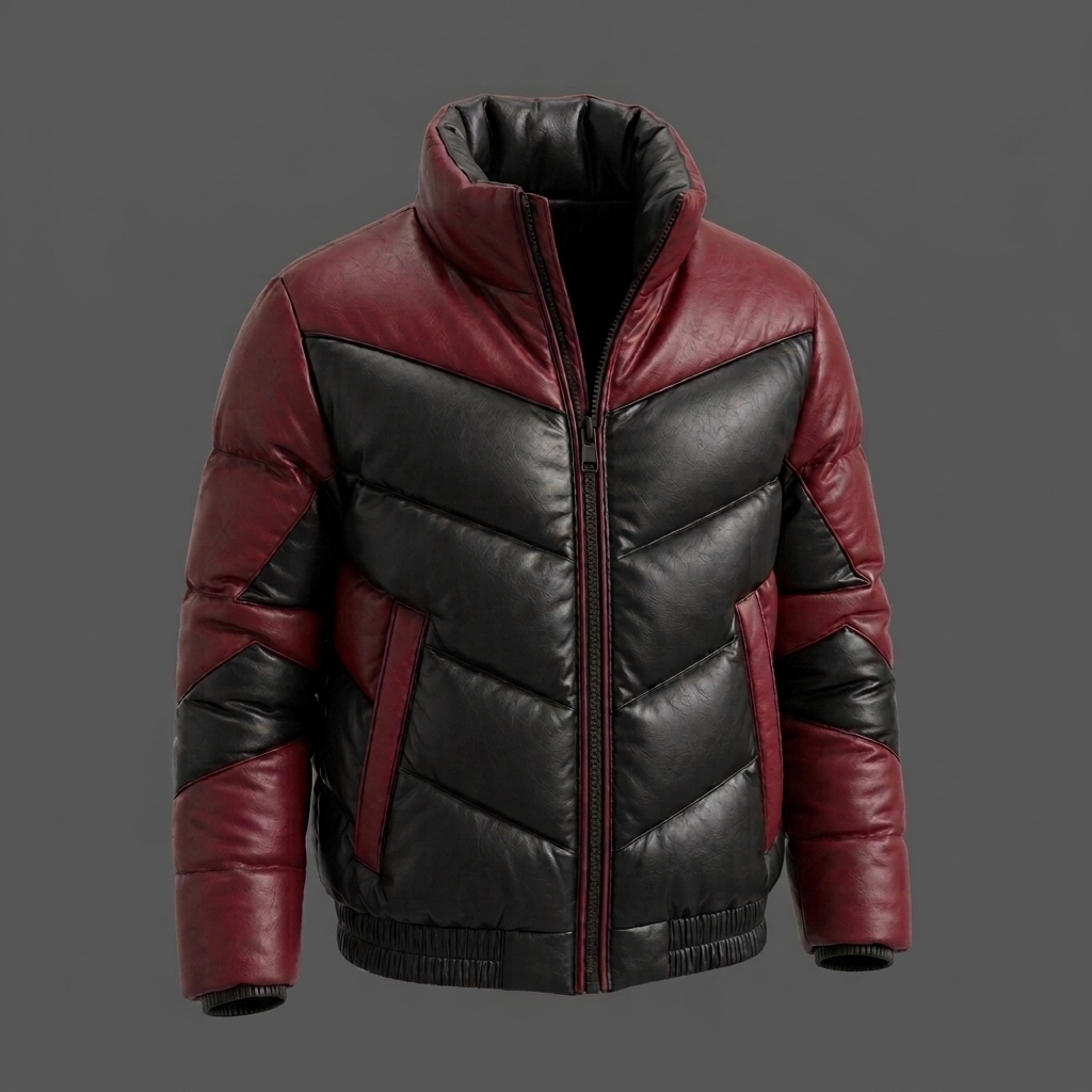 Mens Puffer Leather Jacket Burgundy Black Quilted Winter Bubble Coat High Colla (1)
