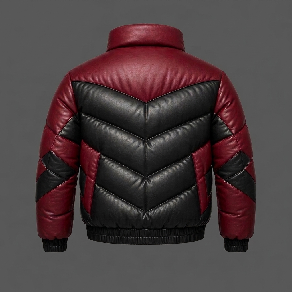 Mens Puffer Leather Jacket Burgundy Black Quilted Winter Bubble Coat High Colla ( (3)