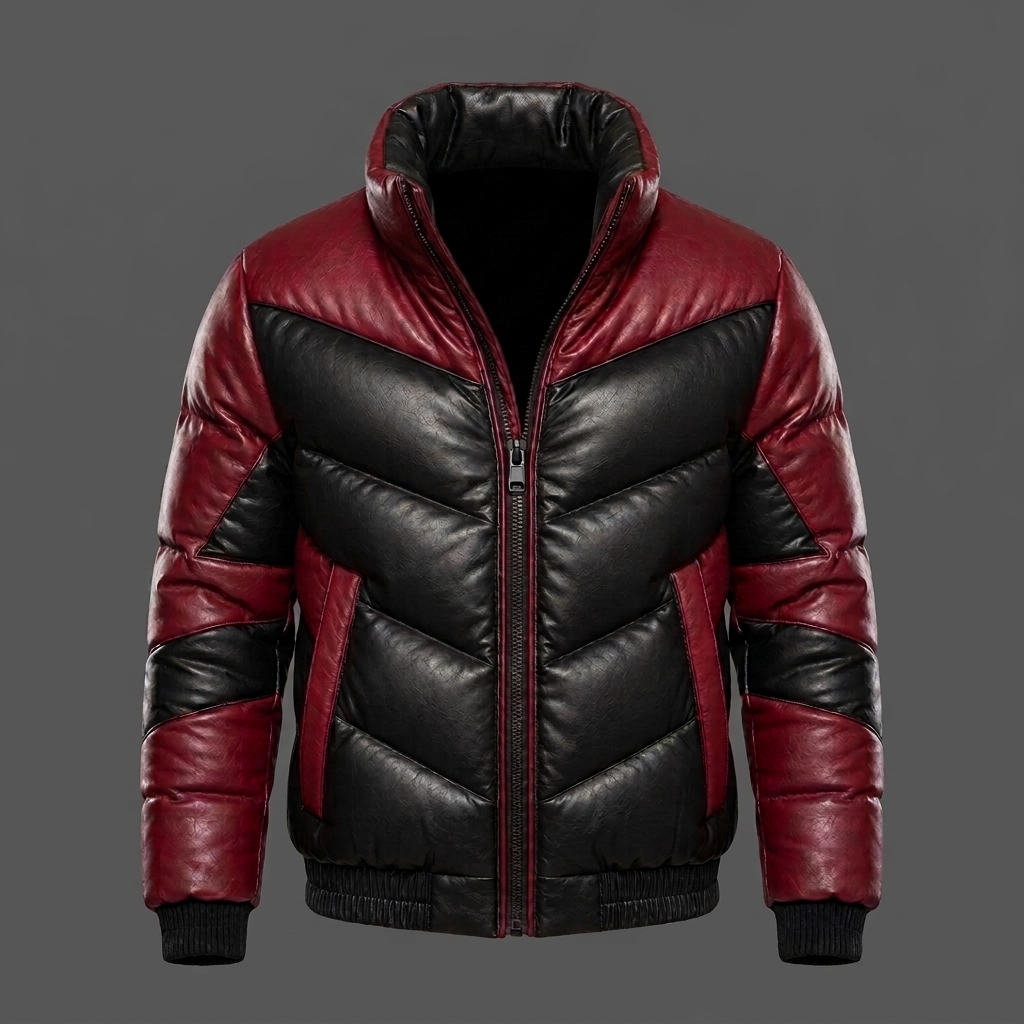 Mens Puffer Leather Jacket Burgundy Black Quilted Winter Bubble Coat High Colla ( (4)