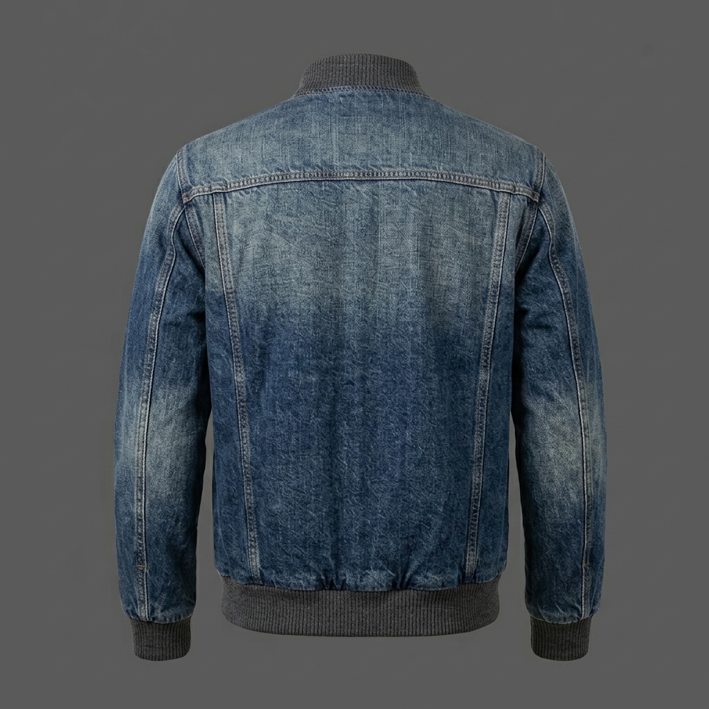 Mens Rugged Washed Indigo Denim Bomber Jacket (1) Men’s Rugged Washed Indigo Denim Bomber Jacket
