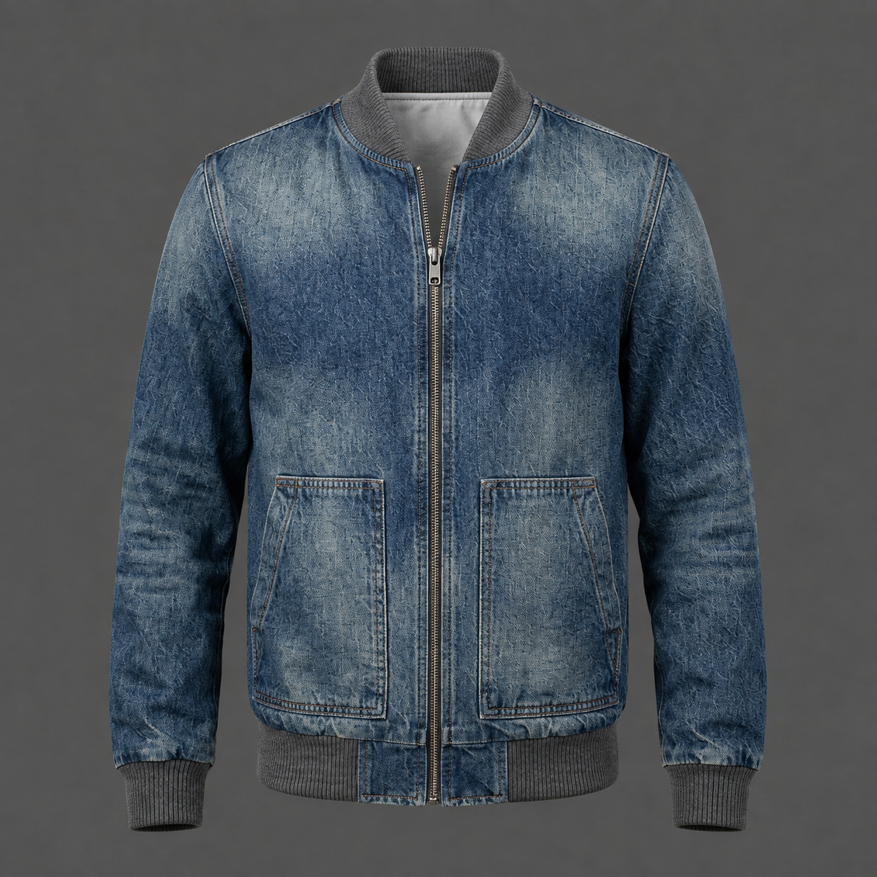 Mens Rugged Washed Indigo Denim Bomber Jacket (1) Men’s Rugged Washed Indigo Denim Bomber Jacket