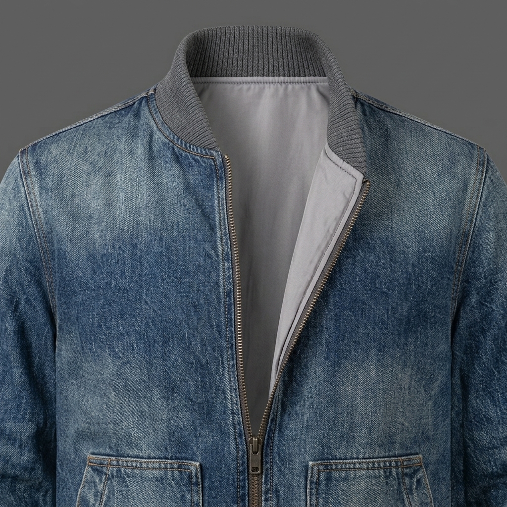 Mens Rugged Washed Indigo Denim Bomber Jacket (2) Men’s Rugged Washed Indigo Denim Bomber Jacket