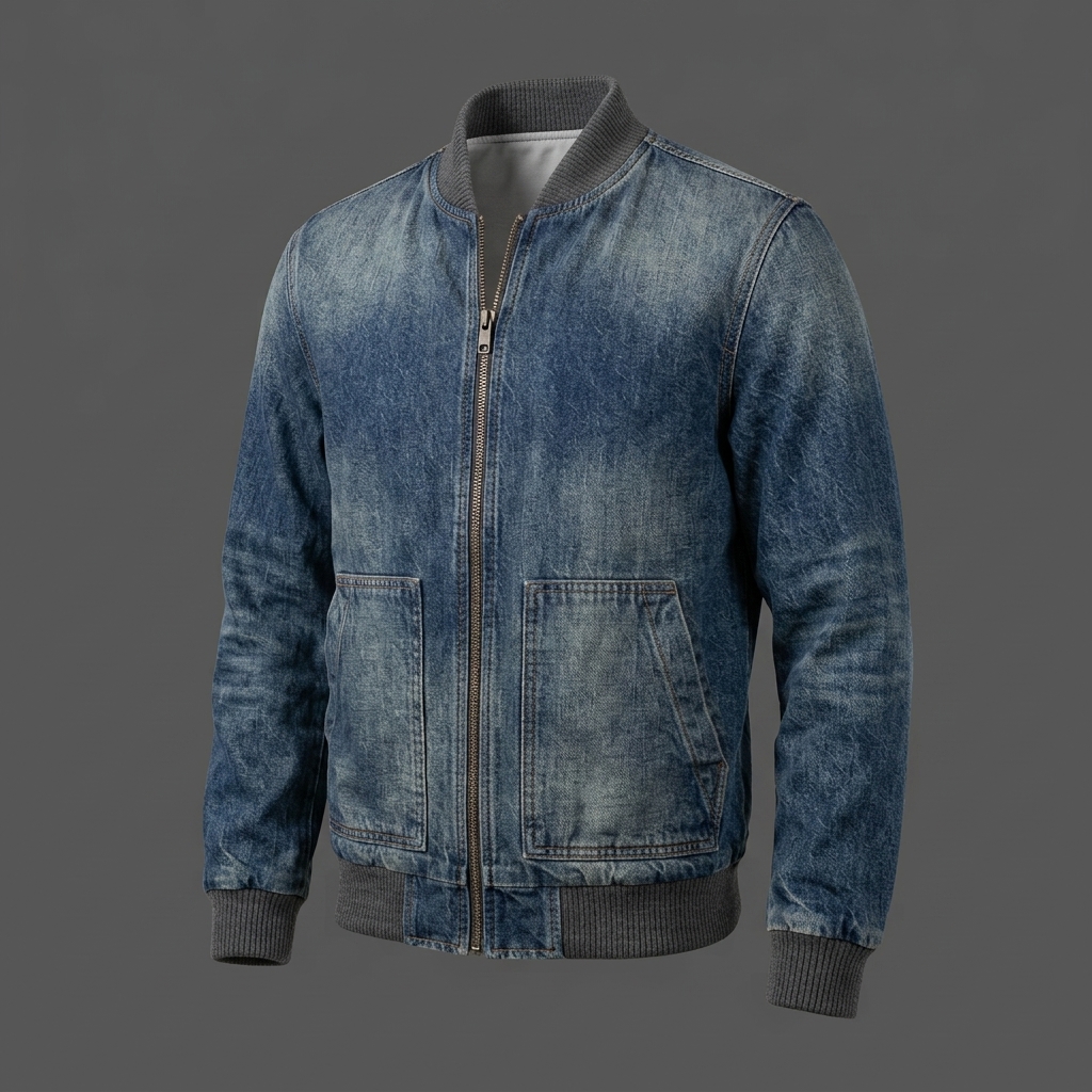Mens Rugged Washed Indigo Denim Bomber Jacket (3)