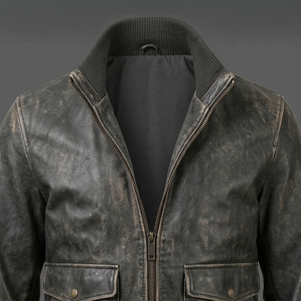 Men’s Vintage Weathered Charcoal Grey Leather Bomber Jacket